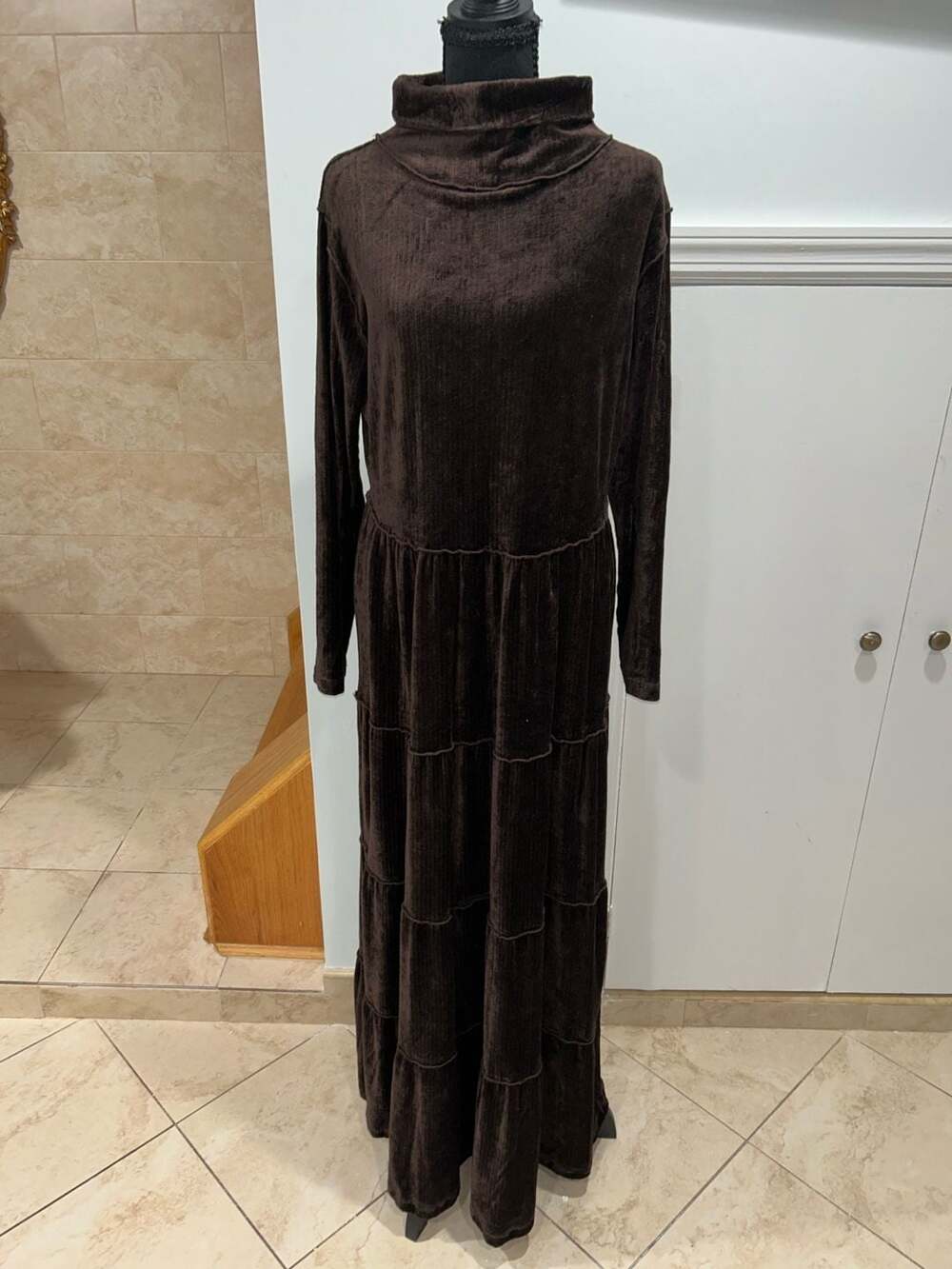 Riki Roy Brown Corduroy Tiered Maxi Dress Mock Neck Long Sleeve Size M